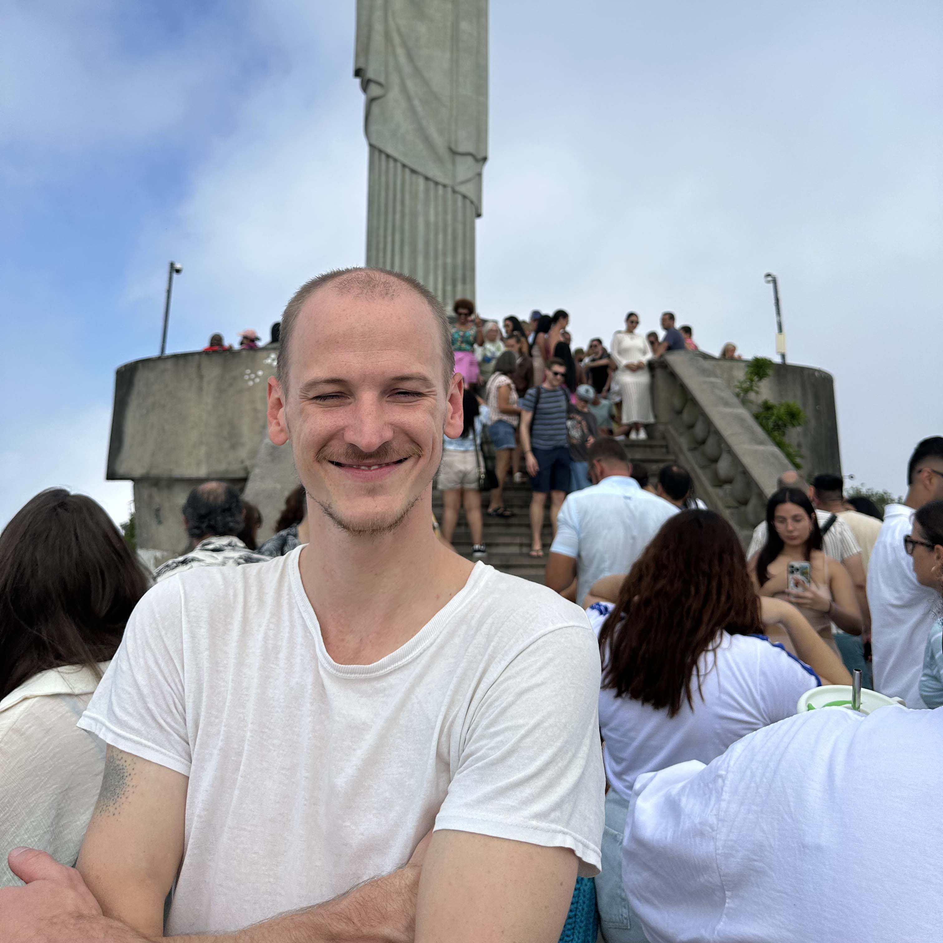Joey Largent in a crowd at the giant jesus in Rio de Janeiro.
